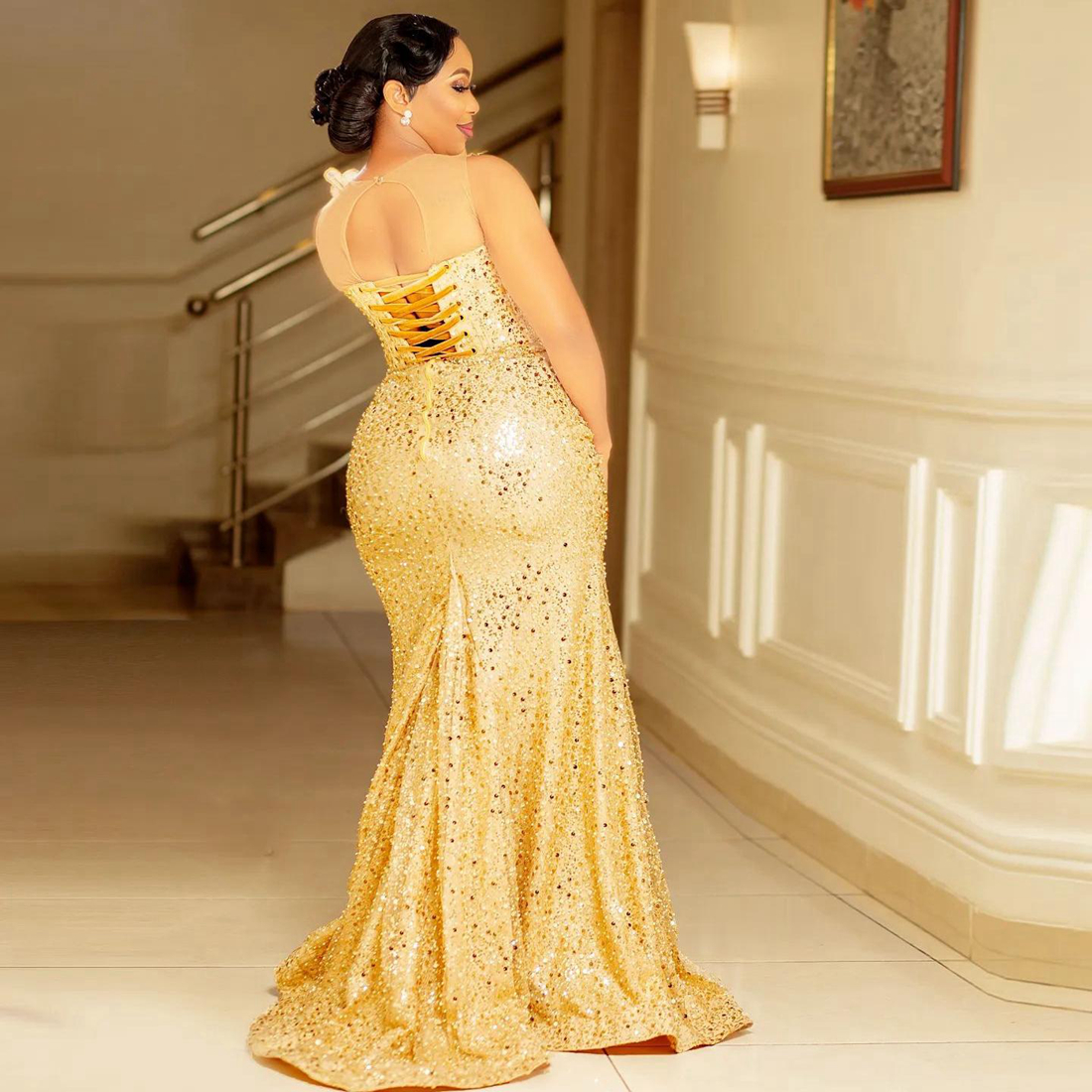 Nigeria African Aso Ebi Plus Size Prom Gold Evening Mermaid Sequin Lace Pearls Formal Birthday Dresses for Black Women Second Reception Gowns AM452