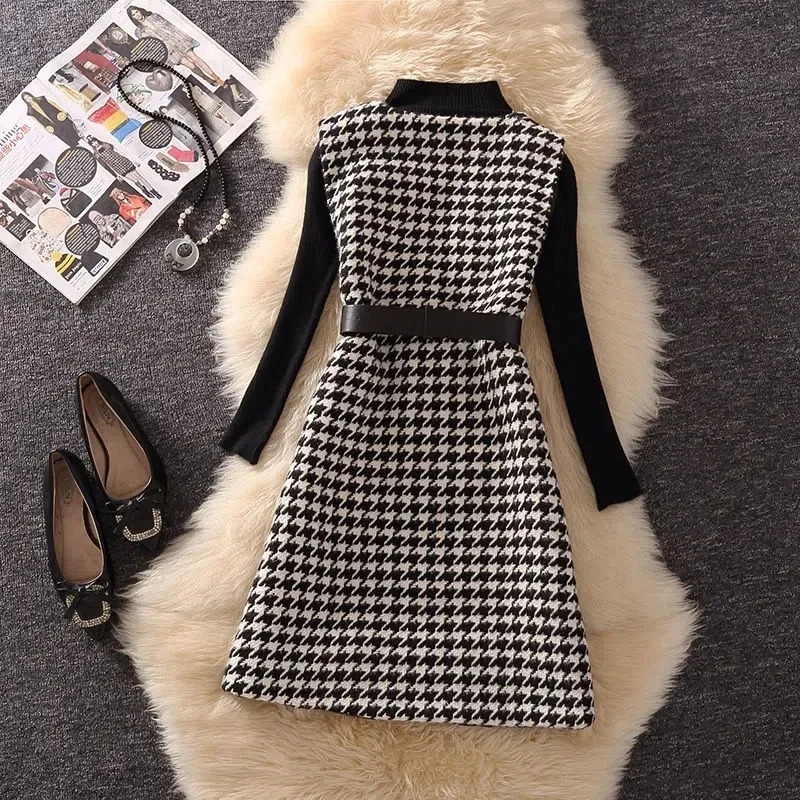 Elegant Kint Tops Dresses 2 Piece Set Vintage Houndstooth Tweed Mini Sleeveless Tank Belt Knitted Sweater Women Dress Outfits 240223