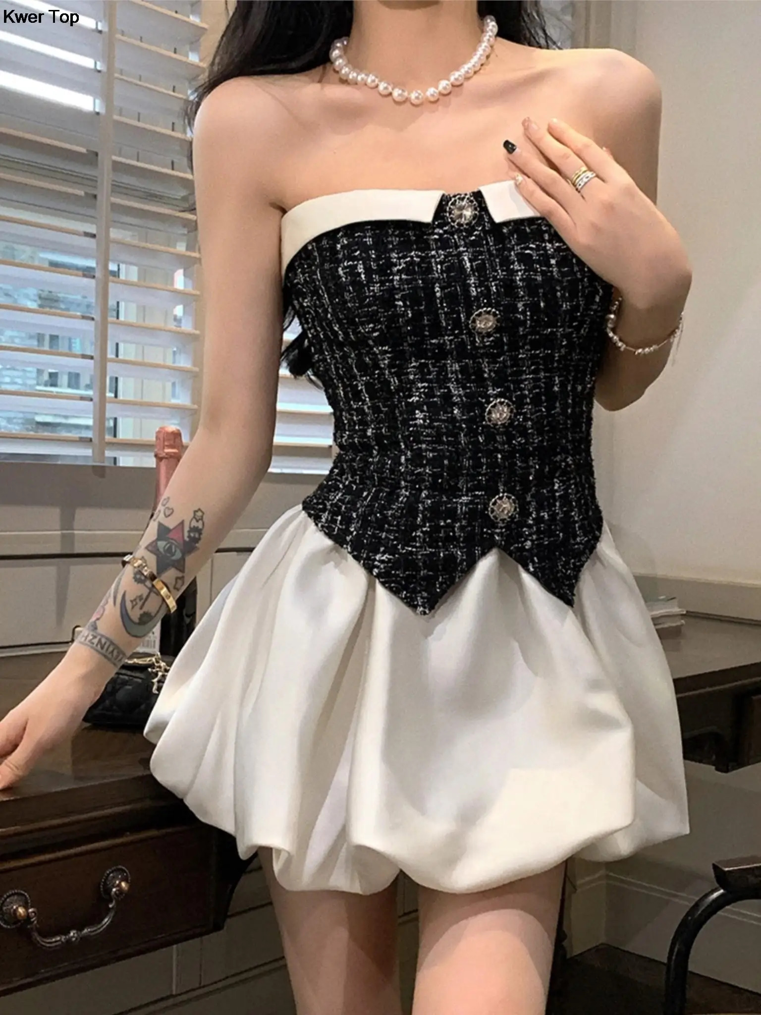 Korean Elegant Tweed 2 Piece Dress Set Black Short Blazer Coat Sweet Y2k Mini Dresses Women Autumn Fashion Suit OL Clothes 240223