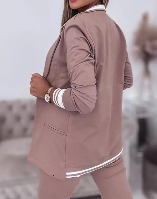 Womens Spring Double Breasted Blazer Office Pantsuit Striped Notched Collar Coat Drawstring Pants Set 2 Piece Female 240226wtt