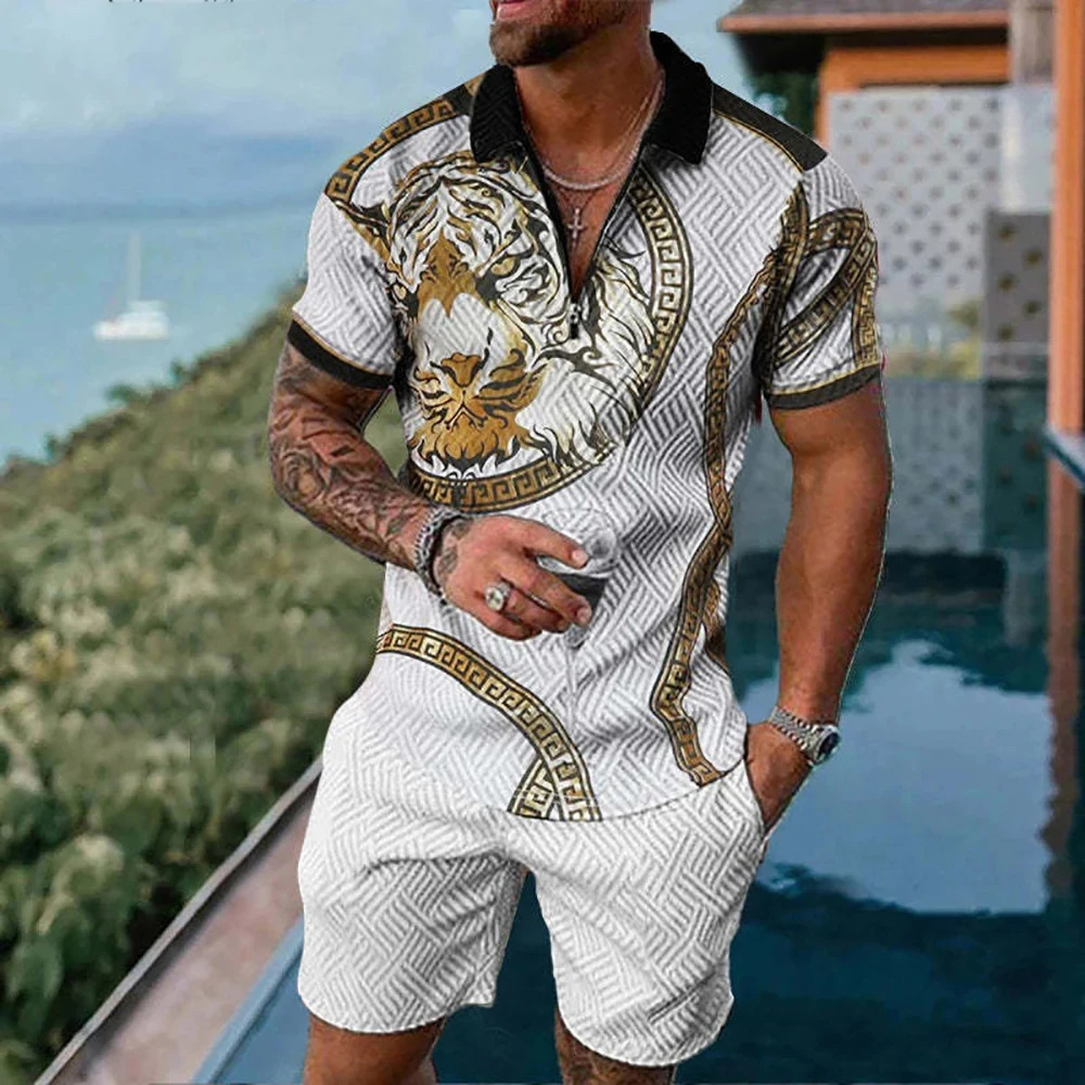 Summer Simple Retro Style Short Sleeved Polo Shirt Beach Shorts 2 Piece Sets Tracksuit Mens 3D Printed Casual Sports Suit 240229