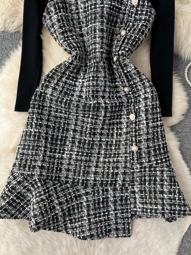 Autumn Korean Fashion Womens 2 Piece Sets Dress Suits White Stretch Sweater And Tweed Strap Mini Dresses Femme Outfits 240223