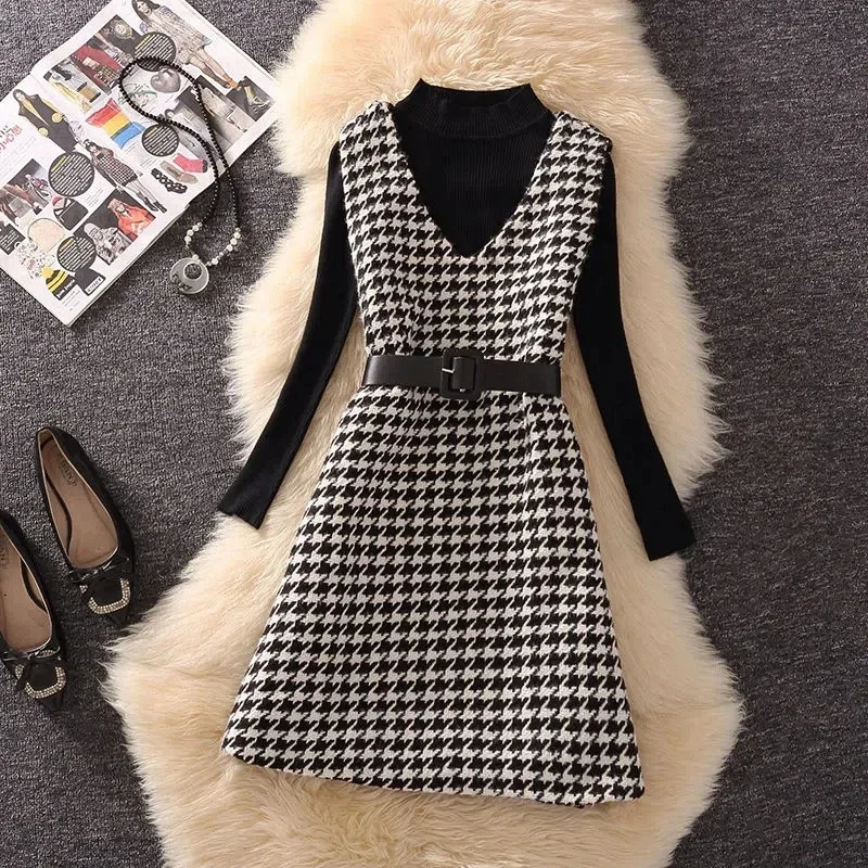 Elegant Kint Tops Dresses 2 Piece Set Vintage Houndstooth Tweed Mini Sleeveless Tank Belt Knitted Sweater Women Dress Outfits 240223