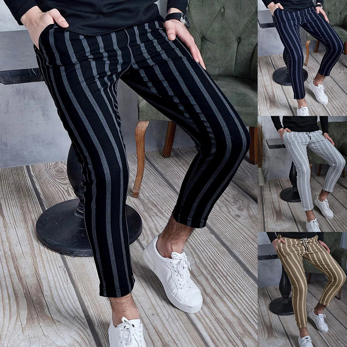 Mens Pants Classic Print Business Casual Trouser Slim Pencil Fashionable Formal Social Pant 240227