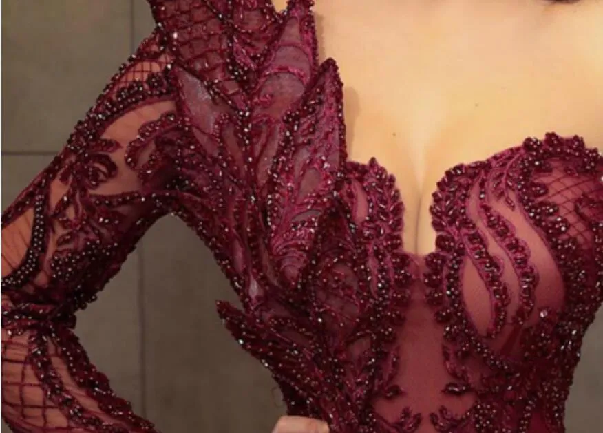 Arabic Aso Ebi Bury Lace Beaded Evening Mermaid Sheer Neck Prom Dresses Long Sleeves Formal Party Second Reception Gowns Lz0304
