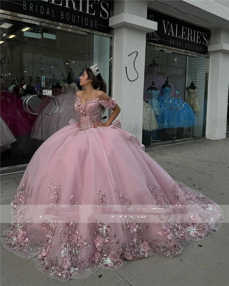 Elegant Off Shoulder Ball Gown Quinceanera Dress With Beaded Appliques & 3D Wers Lace Up Back