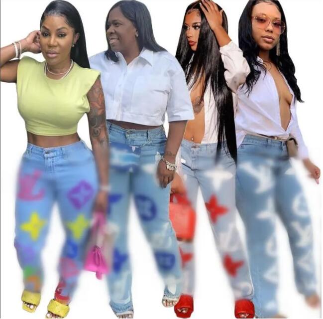 Famouse desinger women's Casual versatile denim washed cloth trousers contrast printed flowers fashion high waisted blue long pants jeans