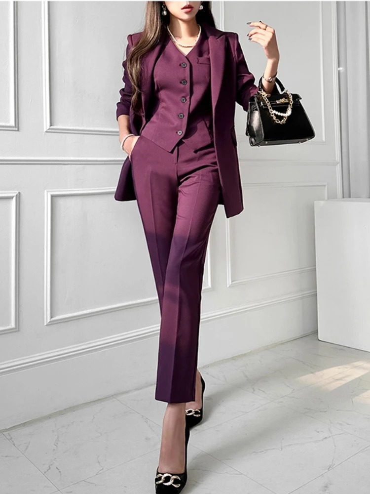 Fashion Korean Women Blazer 3 Pcs Elegant Long Sleeve Suit Jackets Vest and Straight Pants Female Chic Business Outfits 240226