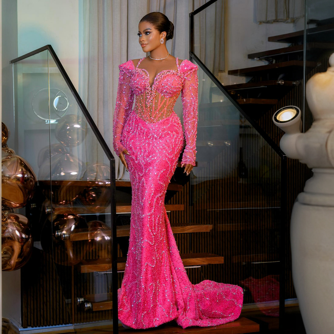 Plus Nigeria African Size Prom Pink Evening Dresses Long Sleeves Sequin Lace Formal Dress Rhies Mermaid Illusion Birthday Gowns For Black Women NL