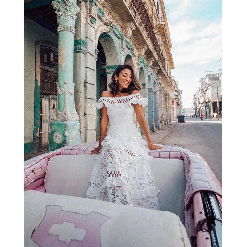 Elegant OneShoulder Solid Ruffle Long Evening Dress Summer Fashion Sleeveless Swing Classic Lace Hollow Party Sexy 240227