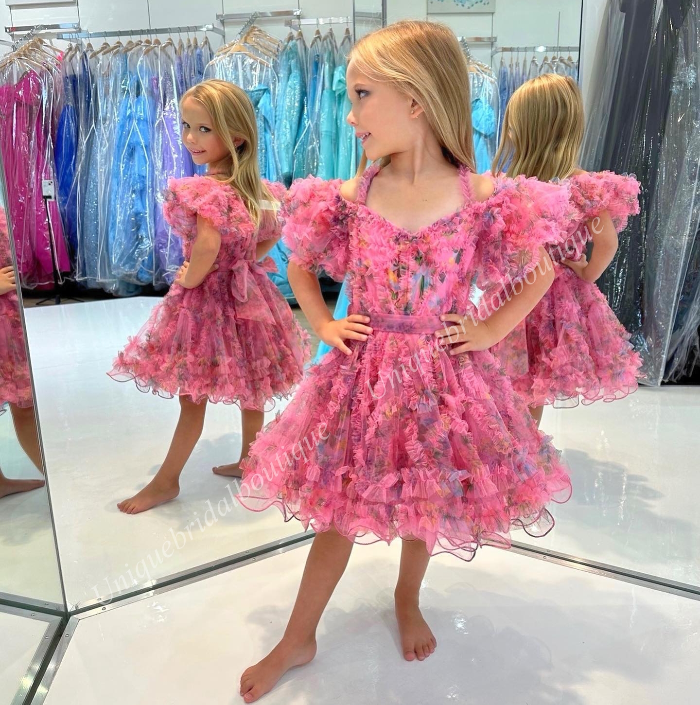 Print Floral Girl Pageant Dress 2025 Ruffed Ballon Sleeves Little Kid Birthday Cocktail Formal Party Gown Infant Toddler Teens Preteen Tiny Young Juni