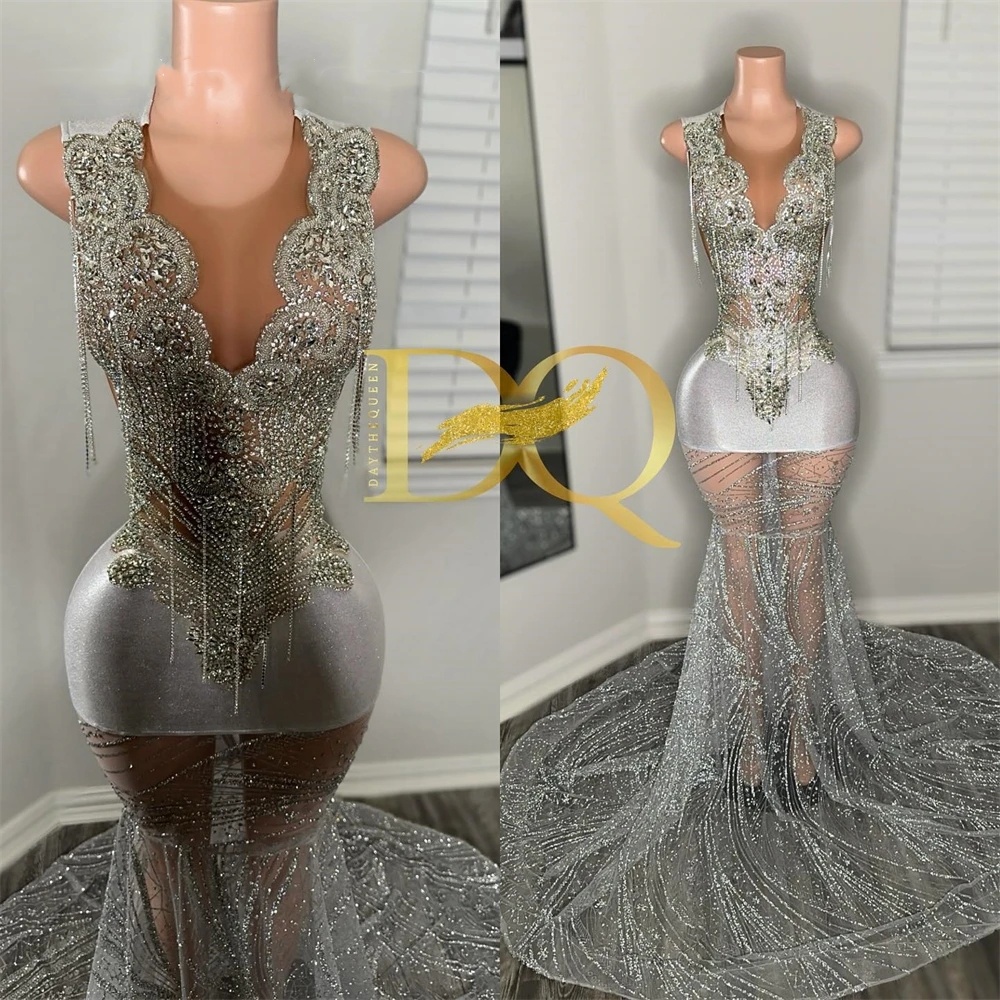Neck Sier Long O Prom Dress for Black Girls 2024 Beaded Crystal Dia Birthday Party Dresses Evening Gowns Tassel Robe De Ba es