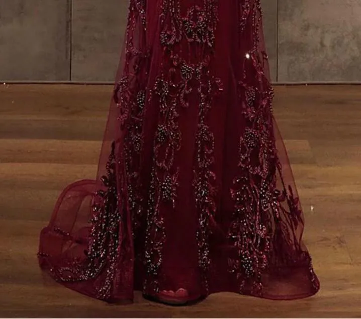Arabic Aso Ebi Bury Lace Beaded Evening Mermaid Sheer Neck Prom Dresses Long Sleeves Formal Party Second Reception Gowns Lz0304
