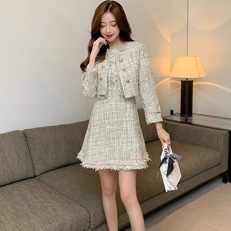 Runway Womens Clothes Small Fragrance Tassel Tweed Jacket Coat High Quality Mini Chic Slim Dress Two Pieces Set Suit 240223