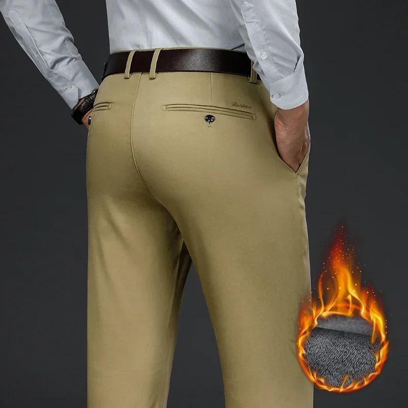 Classic Style Winter Warm Mens Business Straight Casual Pants Stretch Fabric Office Fleece Thicken Trousers Khaki Black 240226