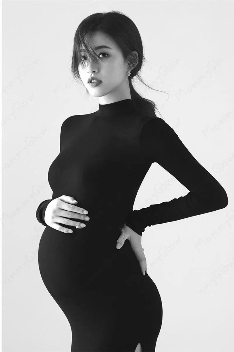 Black Maternity Dresses For Po Shoot Sexy Full Sleeve Knitted Pography Props Pregnant Dresse Women Poshoot 240301