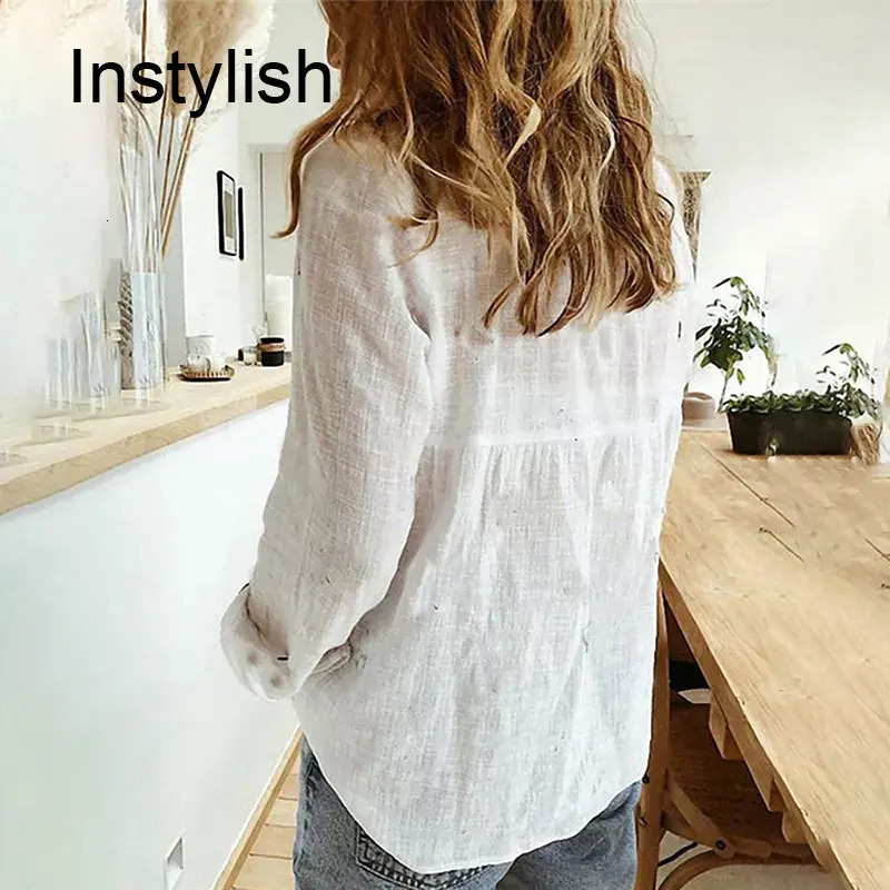Women Casual Long Sleeve Cotton Linen Loose Shirt Elegant Solid Harajuku Lapel Blouse Vintage Oversize Tops Y2K Streetwear Tunic 240229