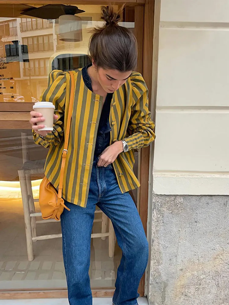 Fashion Contrast Strip Thin Crop Coat Women Elegant O Neck Puff Sleeve Bomber Jacket Spring Lady Chic Artistic Streetwear 240304