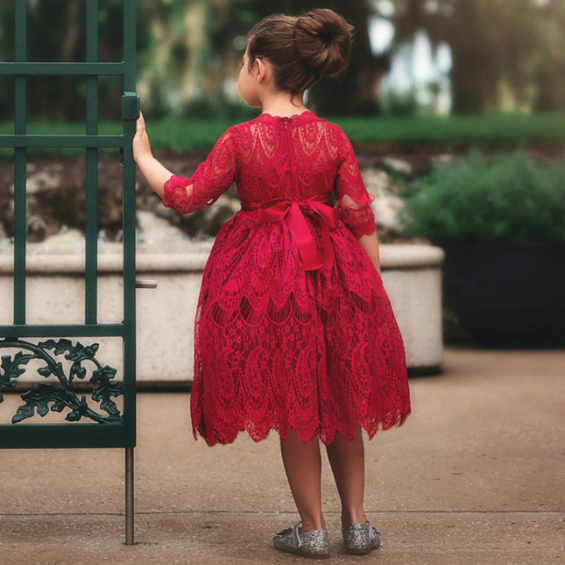 Childrens skirt autumn and winter childrens dress lace princess skirt round neck bow tie dress 230420