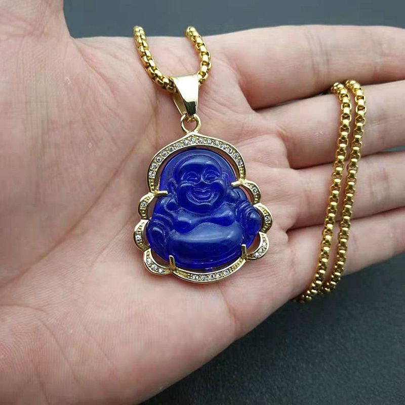 Hip Hop Vintage Jade Maitreya Buddha Titanium Steel Pendant Necklace 18K Real Gold Plated Women Men Jewelry