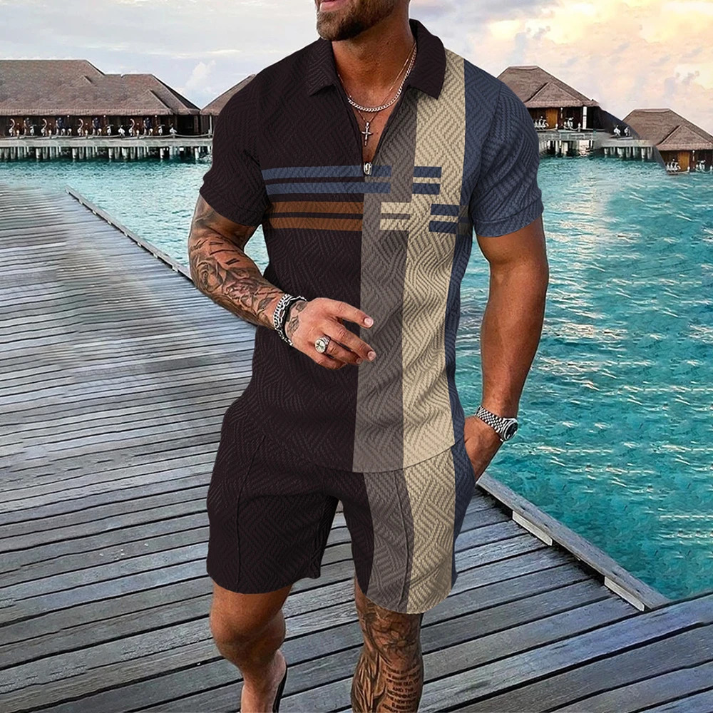 Men Outfit 2 Piece For Men Summer Polo Shirt Set Short Sleeve Tracksuit Retro 3D Printed Polo Shirts Lapel Zipper Casual Suit 240229