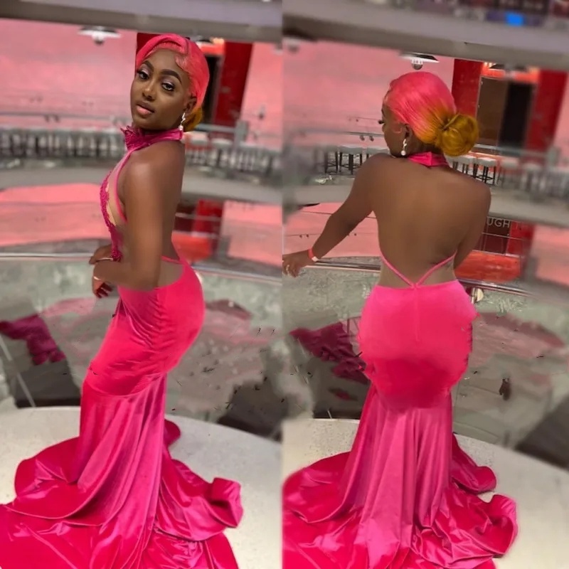 Sexy Magenta Backless Lace Prom Dresses For Woman Halter Beading Veet Mermaid Party Gowns Birthday Outfits Long