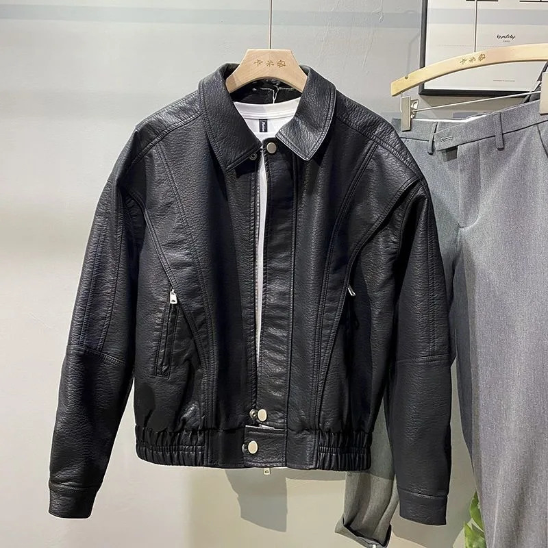 Handsome Lapel American Motorcycle Leather Jacket 2024 Spring Autumn Style Short Fashionable Retro Men 240223