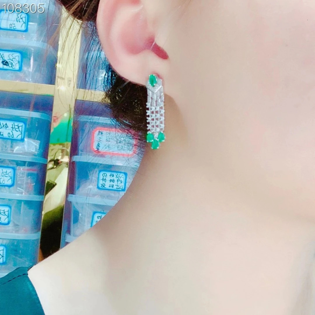 Natural Emerald Jewelry 925 Sterling Silver Created Green Gemstone Dangle Earrings Ring for Womens Gift 240301