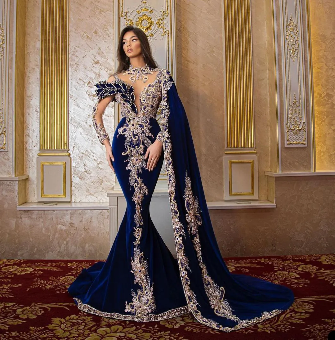 Elegant Blue Prom Dress Sequins High Collar Applique Lace Mermaid Satin Long Sleeve Evening Dresses Sheer Hollow Back Ruched Party Custom Size D L Es 