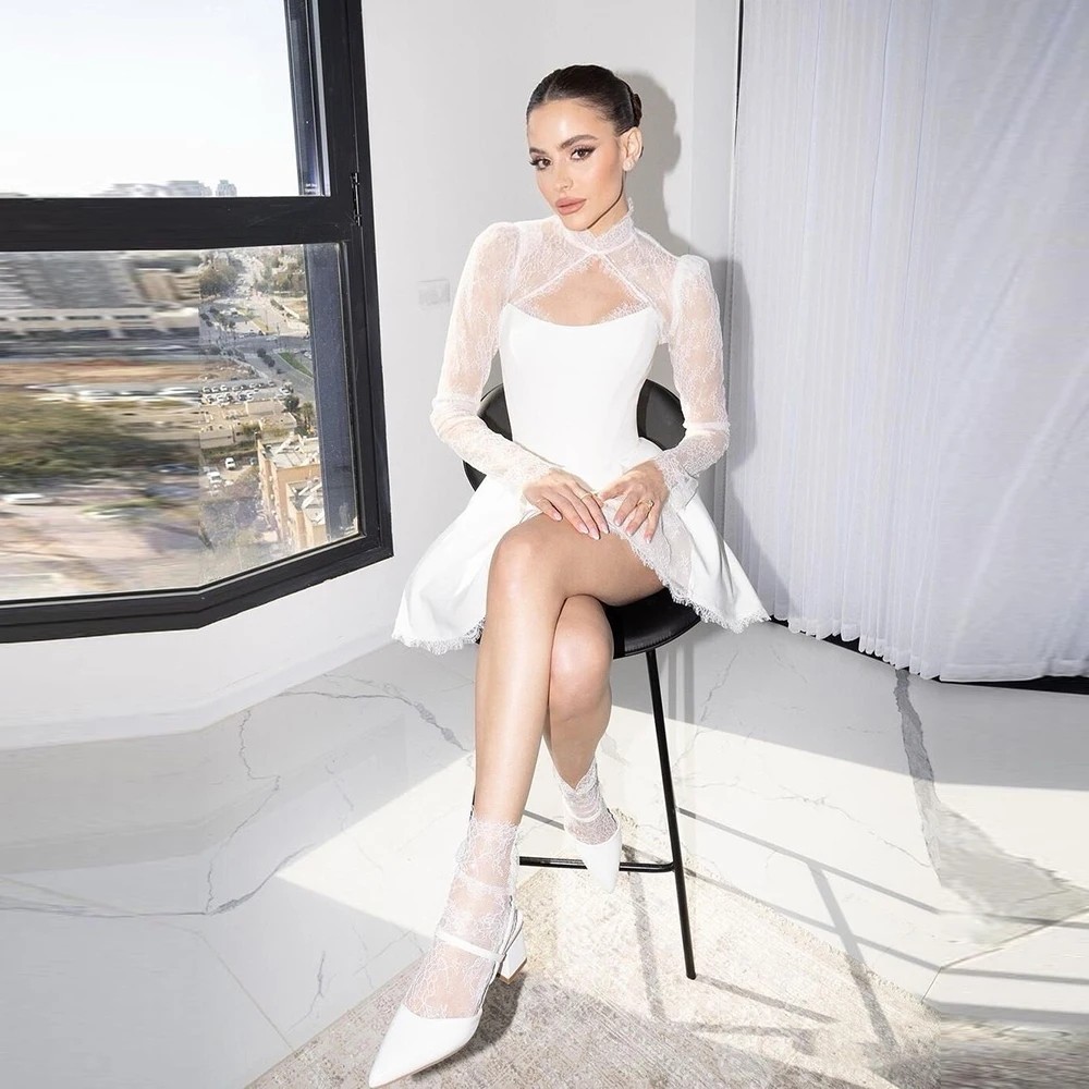 2025 Short A Line Wedding Dress With Jacket Long Sleeves High Neck Mini Bridal Party Gowns Robe De Mariee Vestidos De Novias