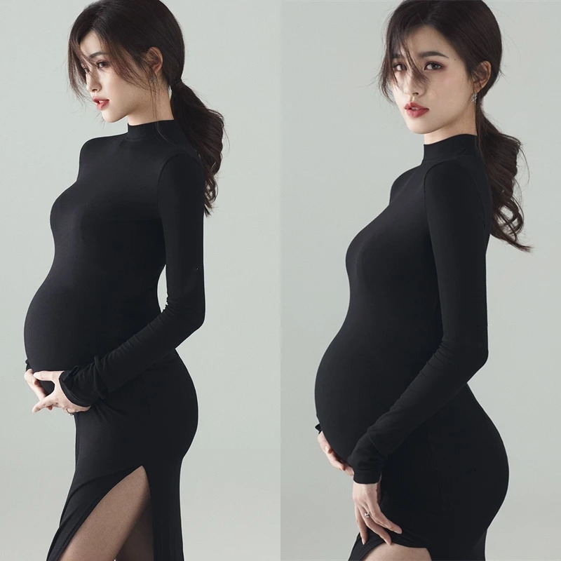 Black Maternity Dresses For Po Shoot Sexy Full Sleeve Knitted Pography Props Pregnant Dresse Women Poshoot 240301