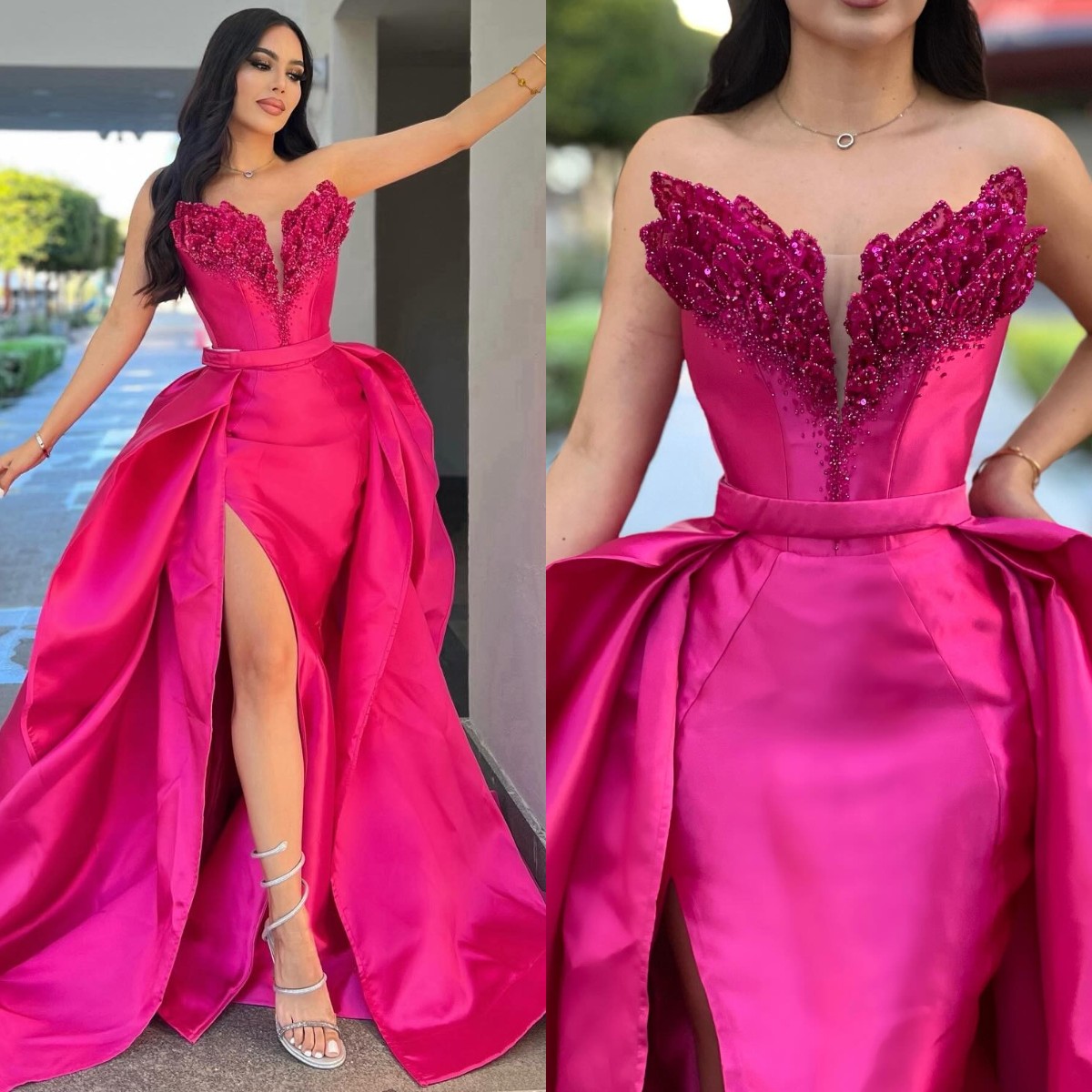 Evening Elegant Pink Sequins Neck Prom Dress Overskirt Split Formal Women Dresses For Special Ocns Pageant Robe De Soiree Es