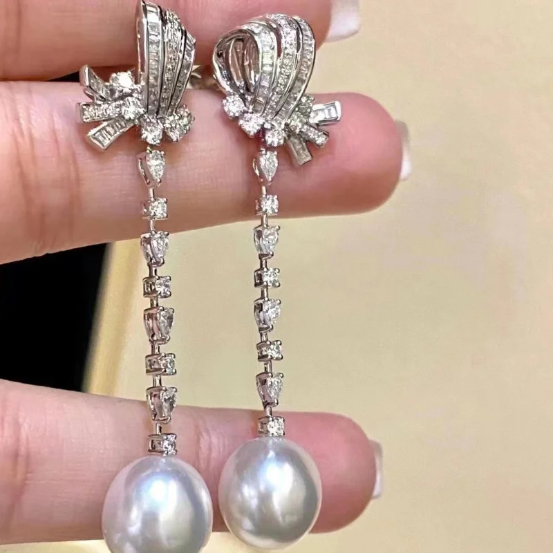 MeiBaPJ 10-11mm Natural White Rice Pearls Fashion Bow Long Chain Drop Earrings 925 Silver Fine Wedding Jewelry for Women 240301