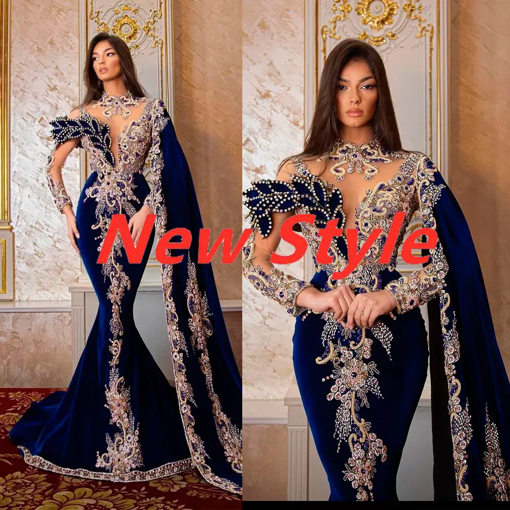 Elegant Blue Prom Dress Sequins High Collar Applique Lace Mermaid Satin Long Sleeve Evening Dresses Sheer Hollow Back Ruched Party Custom Size D L Es 