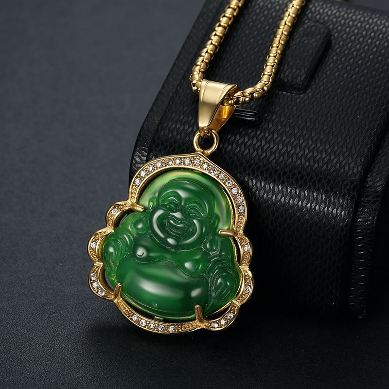 Hip Hop Vintage Jade Maitreya Buddha Titanium Steel Pendant Necklace 18K Real Gold Plated Women Men Jewelry