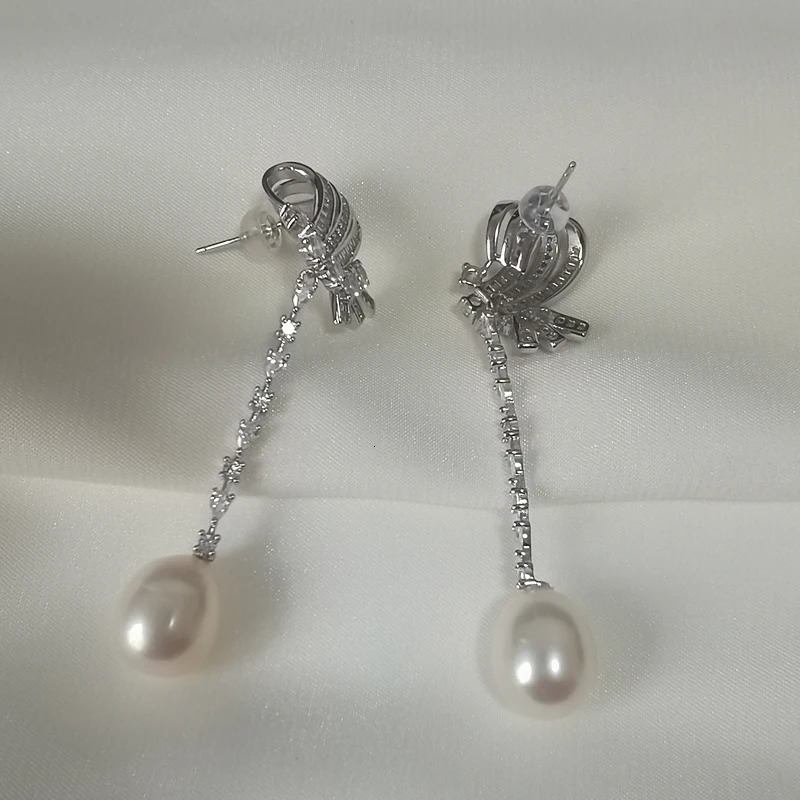 MeiBaPJ 10-11mm Natural White Rice Pearls Fashion Bow Long Chain Drop Earrings 925 Silver Fine Wedding Jewelry for Women 240301