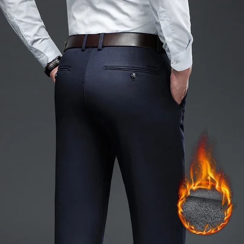 Classic Style Winter Warm Mens Business Straight Casual Pants Stretch Fabric Office Fleece Thicken Trousers Khaki Black 240226