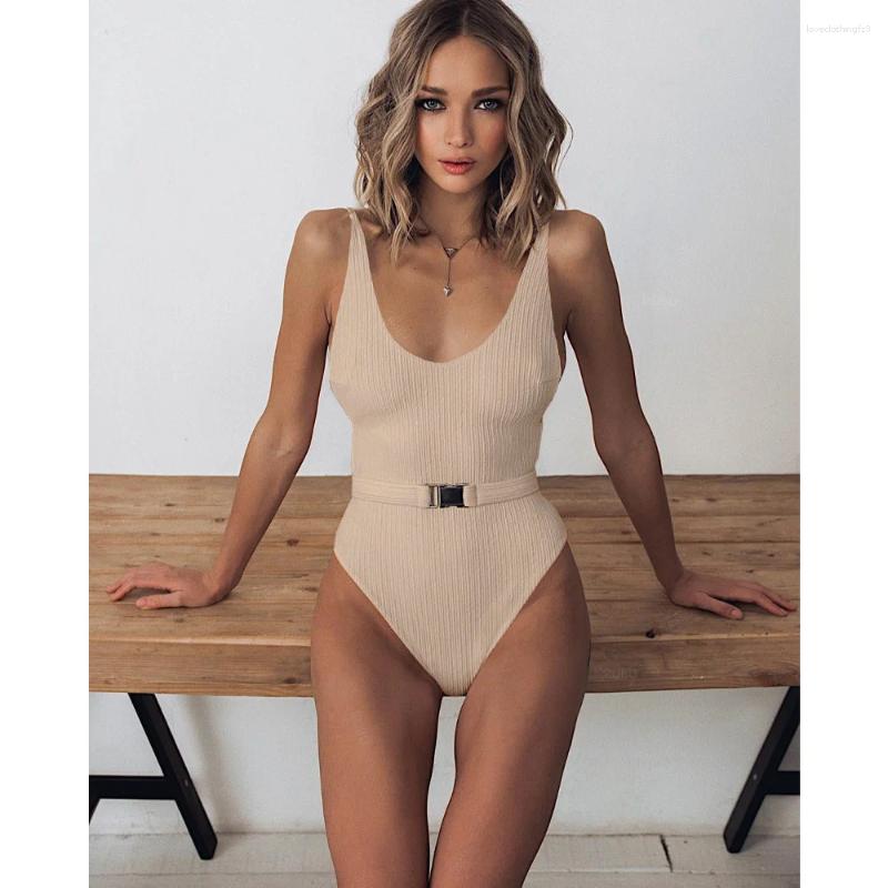 Women One Piece Swimsuit V Neck Belted Backless Brazilian Swimwear