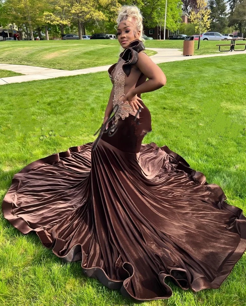 Mermaid Sexy Chocolate Veet Prom Dresses for African Women 2024 Beaded Plus Size Birthday Party Gowns Vestidos De Fiesta