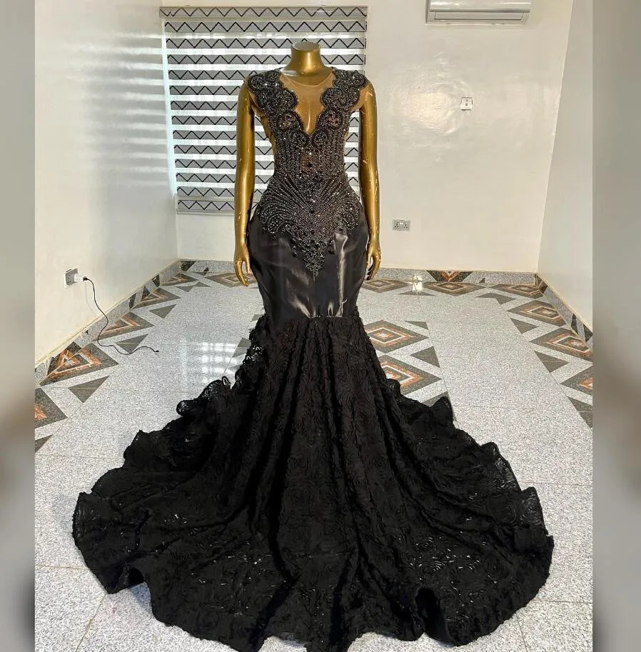 Elegant Black Sequin Beads Mermaid Prom Dresses 2024 Sexy Sheer Mesh Handmade Flowers Birthday Party Gowns Forblack Girl 0431