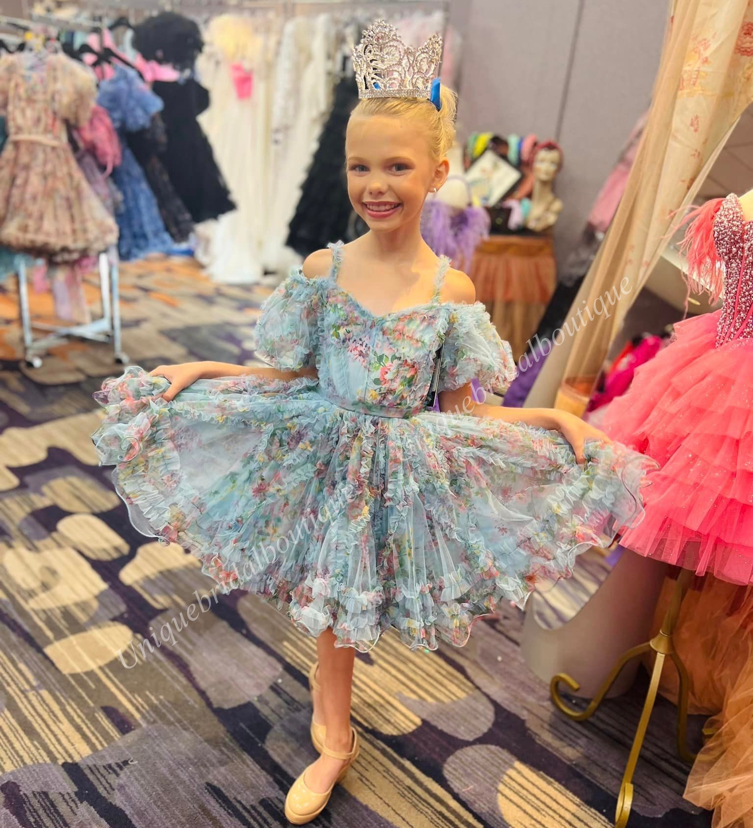 Print Floral Girl Pageant Dress 2025 Ruffed Ballon Sleeves Little Kid Birthday Cocktail Formal Party Gown Infant Toddler Teens Preteen Tiny Young Juni