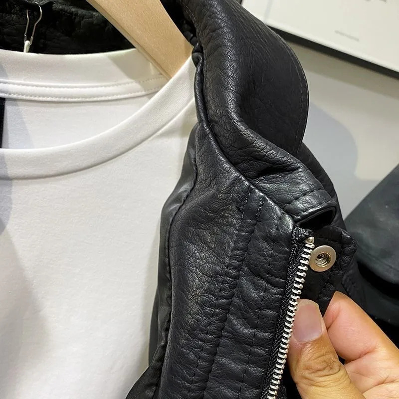Handsome Lapel American Motorcycle Leather Jacket 2024 Spring Autumn Style Short Fashionable Retro Men 240223