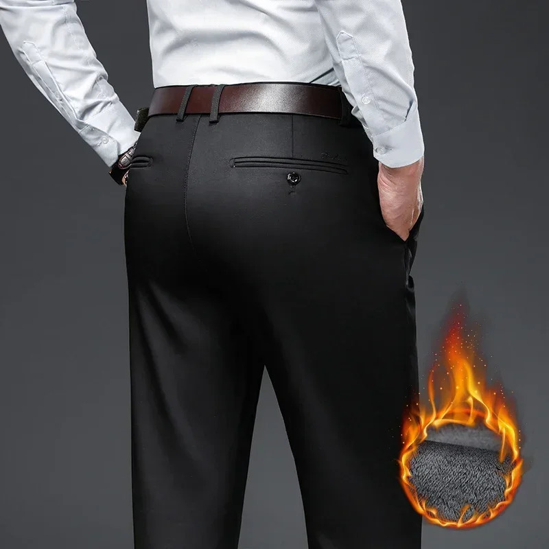 Classic Style Winter Warm Mens Business Straight Casual Pants Stretch Fabric Office Fleece Thicken Trousers Khaki Black 240226