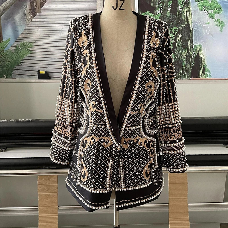 Women Suit Jacket V-Neck Long Sleeved Bubble Bead Print Retro Elegant Fashion Trend Versatile Loose Comfortable Suit Overcoat 240228