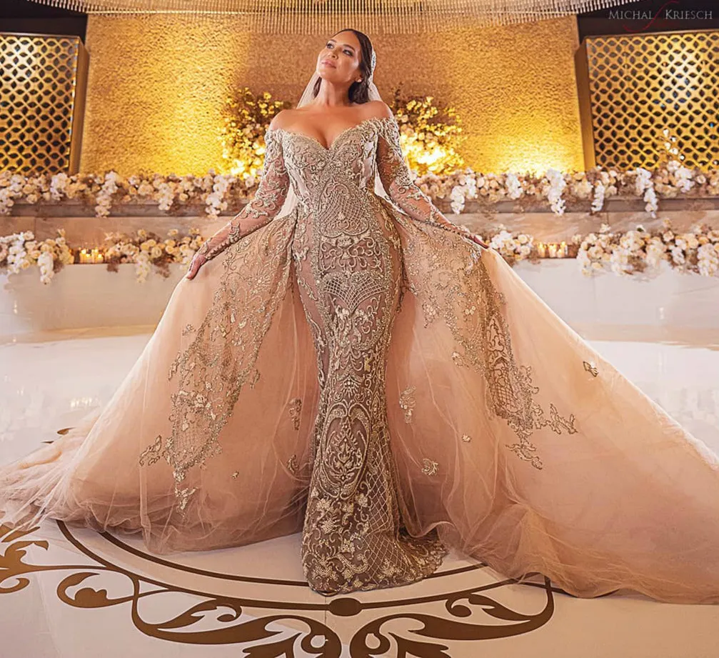 Plus Size Gold Lace Beaded Wedding Dress | urious Mermaid Bridal Gown