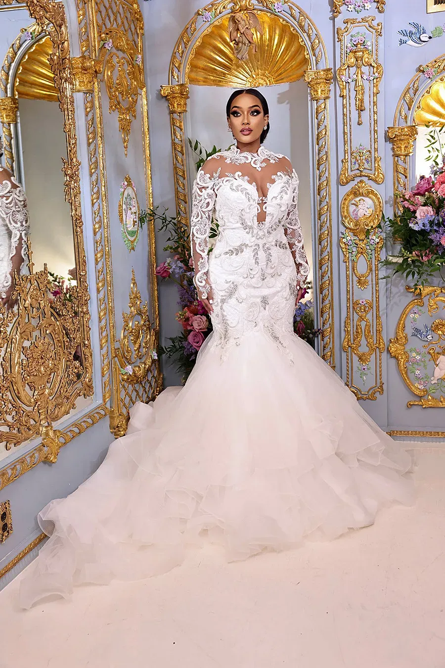 Arabic Aso Luxurious Ebi Mermaid Wedding Dress Lace Appliqued Beaded Bridal Gowns Long Sleeves Sheer Jewel Neck Sweep Train Vestido De Novia Custom Ma