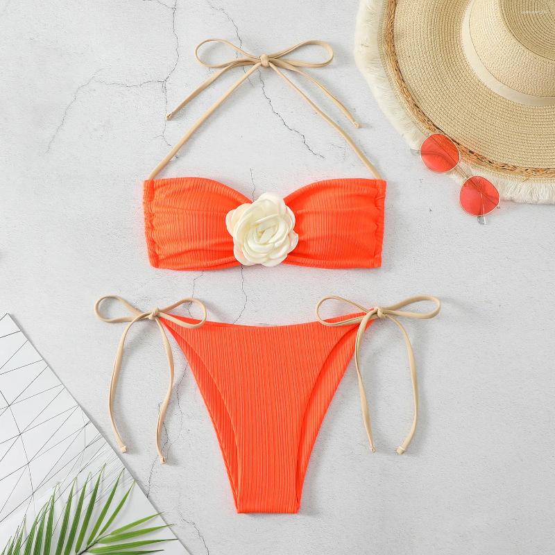 Sexy 3D Ral Bikini Set : Push Up Padded Halter Swimsuit Brazilian Orange