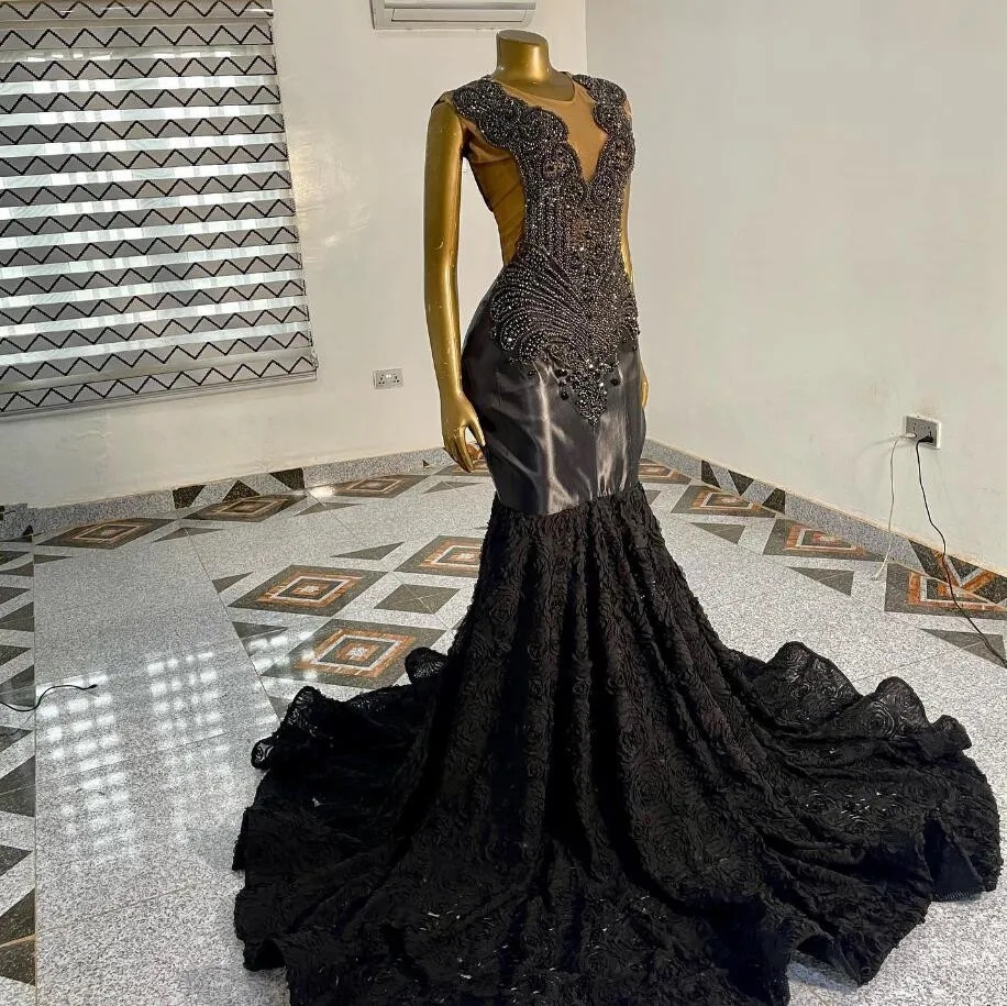 Elegant Black Sequin Beads Mermaid Prom Dresses 2024 Sexy Sheer Mesh Handmade Flowers Birthday Party Gowns Forblack Girl 0431
