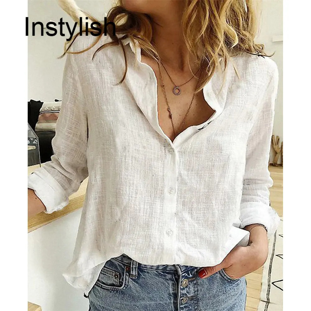 Women Casual Long Sleeve Cotton Linen Loose Shirt Elegant Solid Harajuku Lapel Blouse Vintage Oversize Tops Y2K Streetwear Tunic 240229