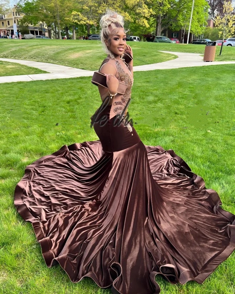 Mermaid Sexy Chocolate Veet Prom Dresses for African Women 2024 Beaded Plus Size Birthday Party Gowns Vestidos De Fiesta